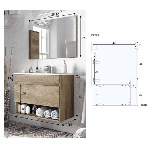 MUEBLE DE BAÑO SUSPENDIDO CON ESPEJO COTTON DE 80 CM 2 PUERTAS