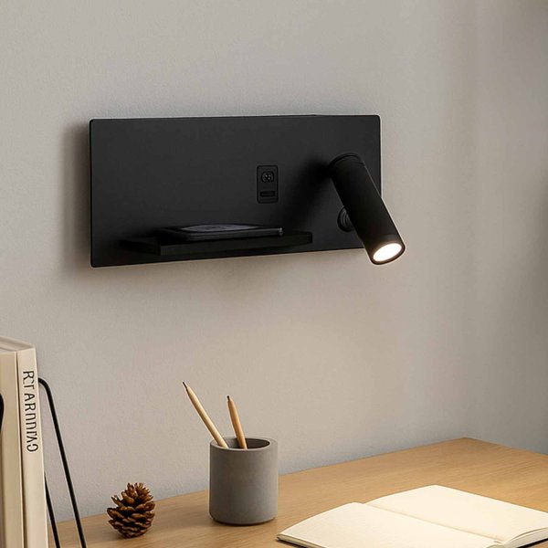 Aplique Led Negro con Carga Inalámbrica y Usb 30Cm Somni - Aplique led - UKUKHOME.com