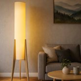 Lámpara de pie Mayan en madera natural, diseño artesanal con base de madera