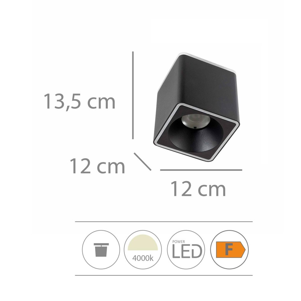 Foco Led de Superficie Cuadrado Ø12Cm color Negro Rouk - Foco led de superficie - UKUKHOME.com