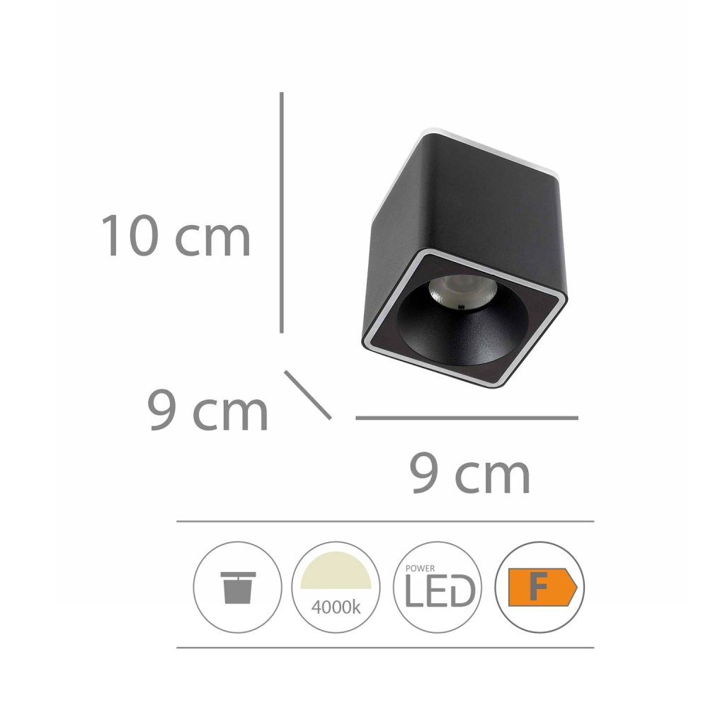 Foco Led de Superficie Cuadrado 9X9Cm color Negro Rouk - Foco led de superficie - UKUKHOME.com