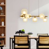 Lámpara colgante OKO de 8 luces blanco opal y dorado, conjunto cristal dorado