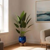 Ave del Paraíso artificial 120 cm, hojas tropicales verdes hiperrealistas, sin mantenimiento, con macetero negro incluido