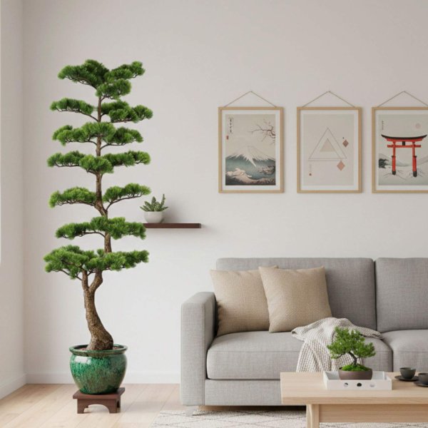 Pino artificial 150 cm, ramas densas de aspecto natural hiperrealista, ideal interiores y espacios comerciales, macetero negro