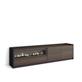 Mueble TV con chimenea LED 207x50x37 cm para TV 80", roble oscuro y negro, salón moderno con efecto fuego realista