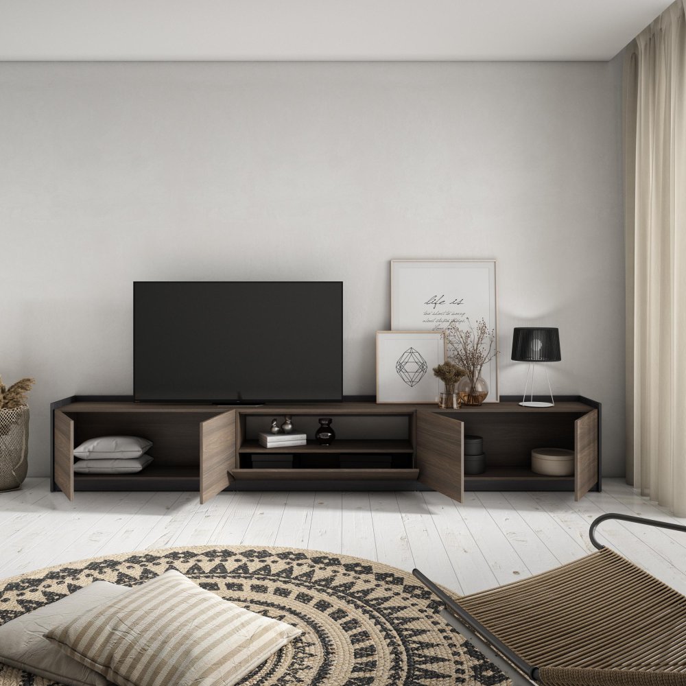 MUEBLE TV ALMACENAMIENTO 310X50X37 CM TV 80" PUERTAS ABATIBLES ROBLE OSCURO NEGRO