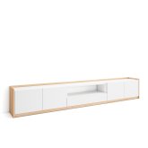 Mueble TV con almacenamiento 310x50x37 cm para TV 80", puertas abatibles blanco y roble soft, salón moderno y luminoso