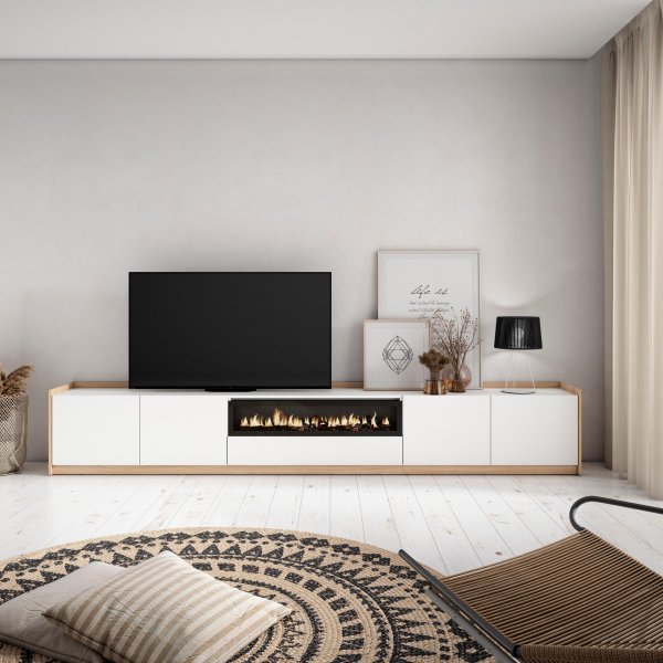 MUEBLE TV CHIMENEA LED 310X50X37 CM TV 80" BLANCO ROBLE SOFT 2