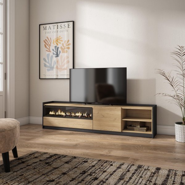 MUEBLE TV CHIMENEA LED 207X50X37 CM TV 80" ROBLE NEGRO 2