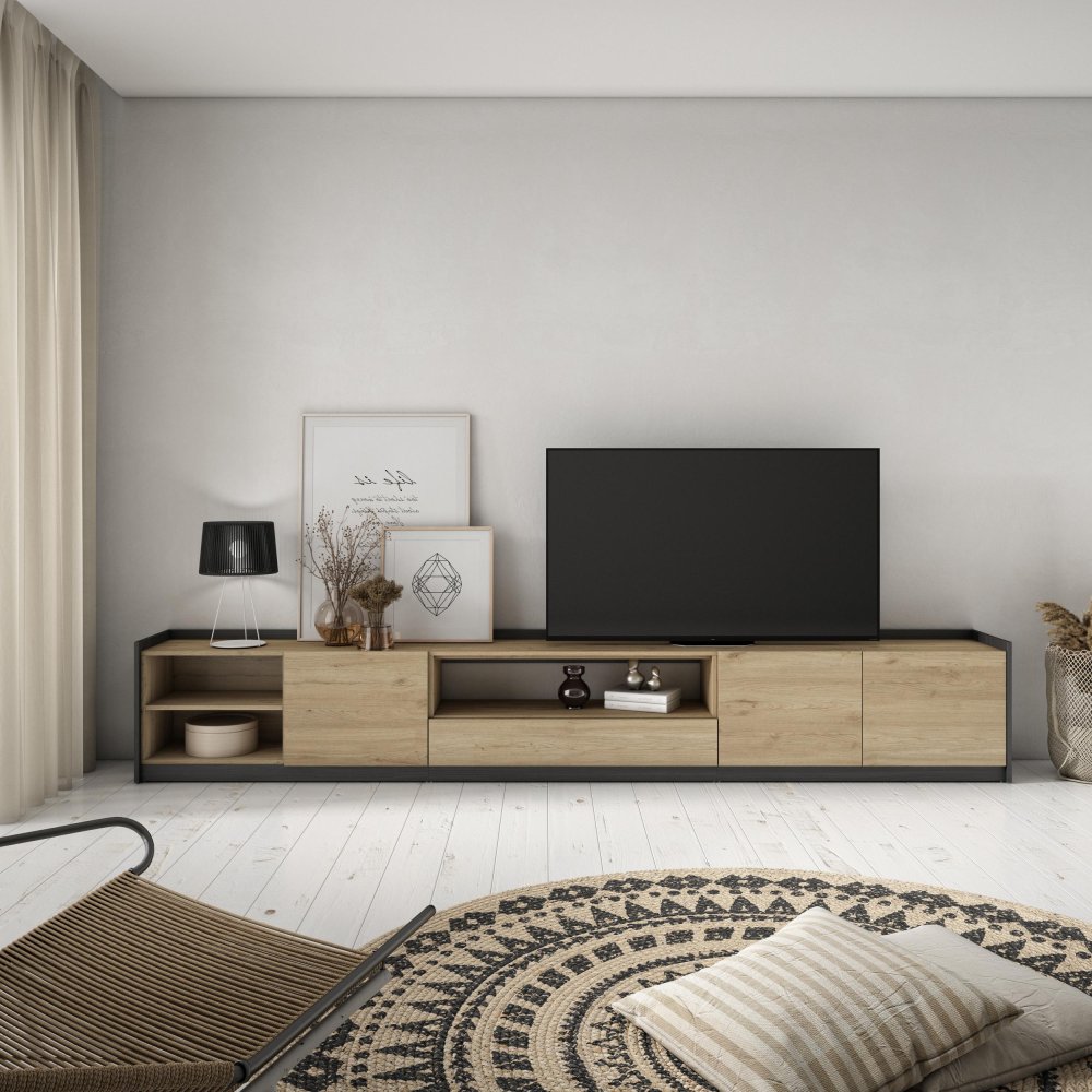 MUEBLE TV ALMACENAMIENTO 310X50X37 CM TV 80" PUERTAS ABATIBLES ROBLE NEGRO