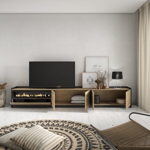 MUEBLE TV CHIMENEA LED 310X50X37 CM TV 80" ROBLE NEGRO