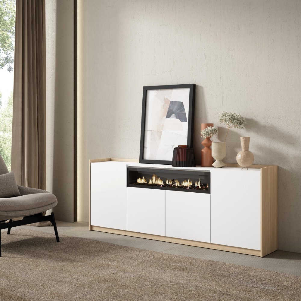 APARADOR SALÓN CHIMENEA LED 207X80X37 CM 4 PUERTAS SOFT BLANCO ROBLE SOFT