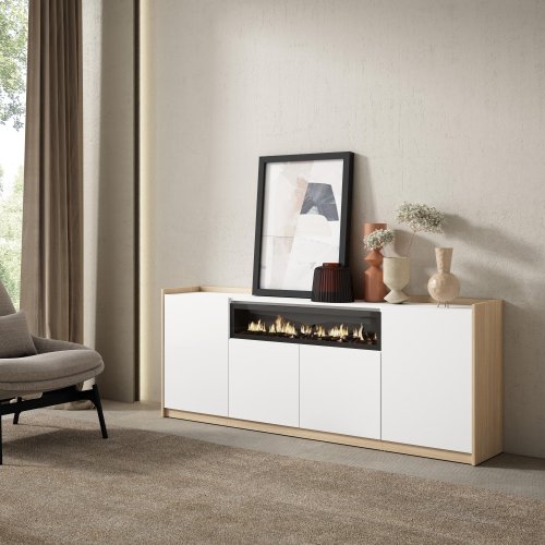 APARADOR SALÓN CHIMENEA LED 207X80X37 CM 4 PUERTAS SOFT BLANCO ROBLE SOFT