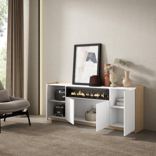 APARADOR SALÓN CHIMENEA LED 207X80X37 CM 4 PUERTAS SOFT BLANCO ROBLE SOFT