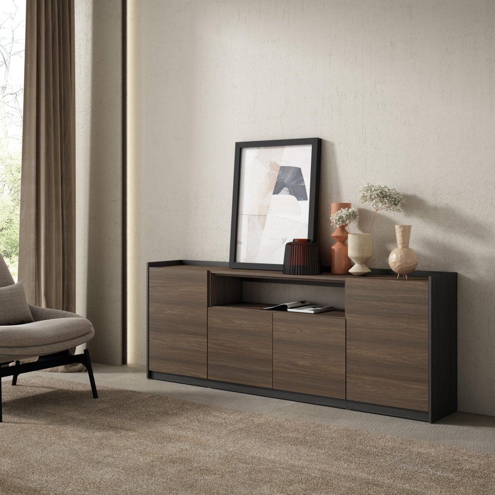 APARADOR SALÓN 207X80X37 CM 4 PUERTAS SOFT ROBLE OSCURO NEGRO