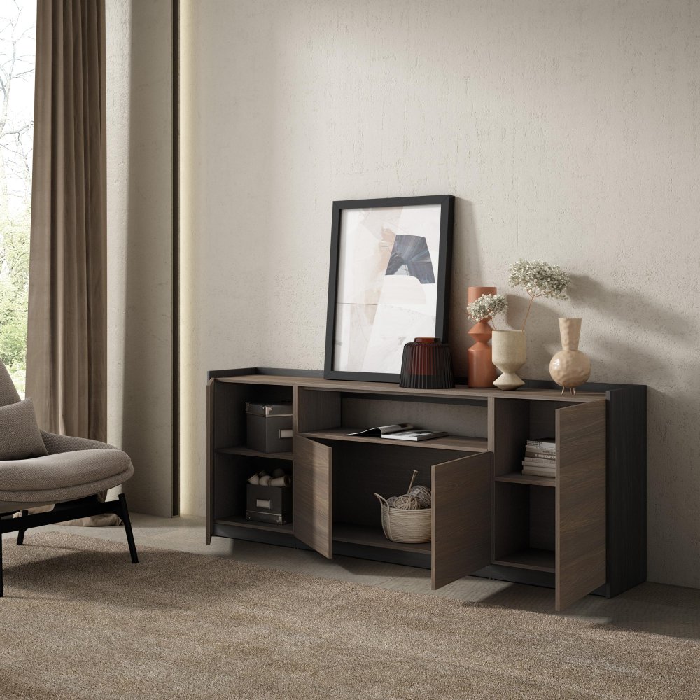APARADOR SALÓN 207X80X37 CM 4 PUERTAS SOFT ROBLE OSCURO NEGRO