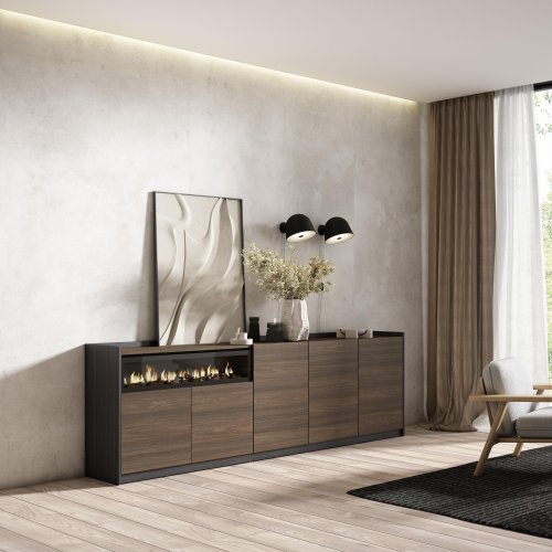 APARADOR SALÓN CHIMENEA LED 260X80X37 CM 5 PUERTAS SOFT ROBLE OSCURO NEGRO