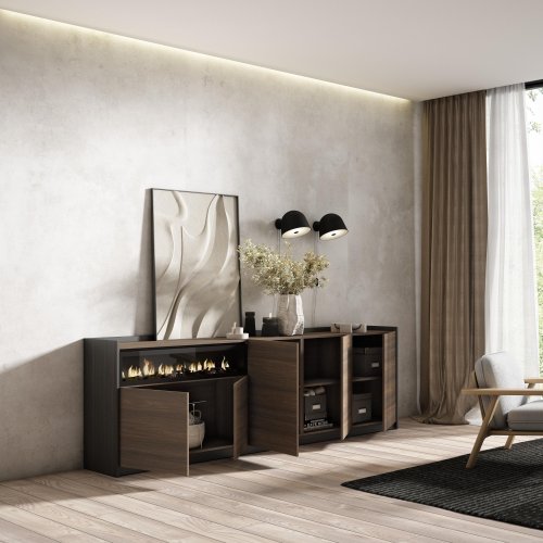 APARADOR SALÓN CHIMENEA LED 260X80X37 CM 5 PUERTAS SOFT ROBLE OSCURO NEGRO