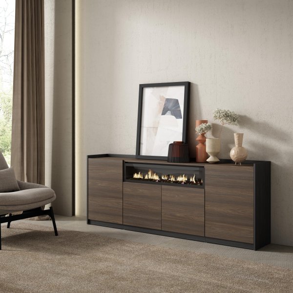 APARADOR SALÓN CHIMENEA LED 207X80X37 CM 4 PUERTAS SOFT ROBLE OSCURO NEGRO 2