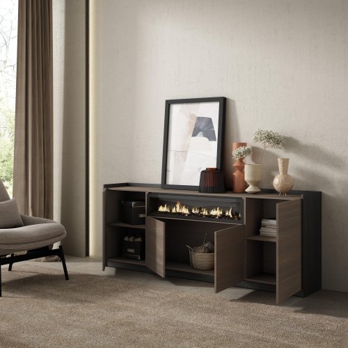 APARADOR SALÓN CHIMENEA LED 207X80X37 CM 4 PUERTAS SOFT ROBLE OSCURO NEGRO