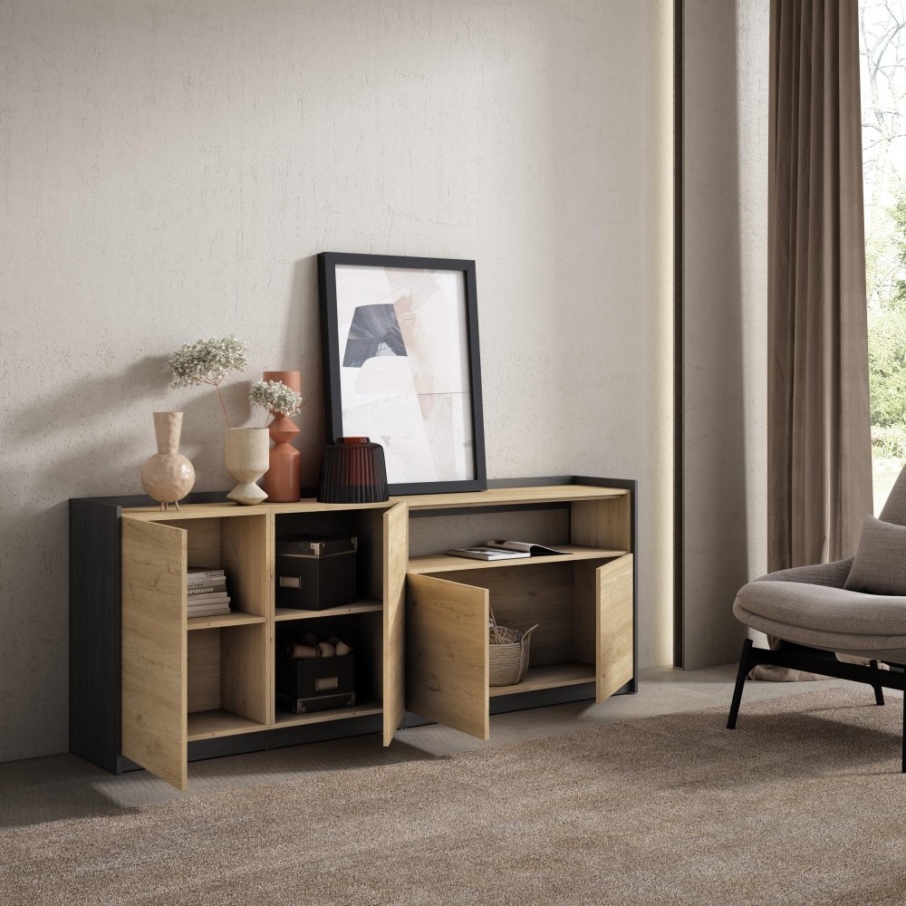 APARADOR SALÓN 207X80X37 CM 4 PUERTAS SOFT ROBLE NEGRO