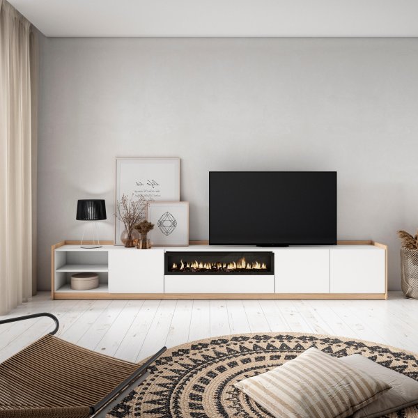 MUEBLE TV CHIMENEA LED SKAGEN 310X50X37 CM TV 80" BLANCO ROBLE SOFT 2