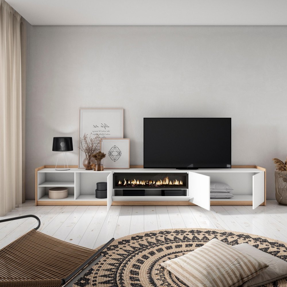 MUEBLE TV CHIMENEA LED SKAGEN 310X50X37 CM TV 80" BLANCO ROBLE SOFT