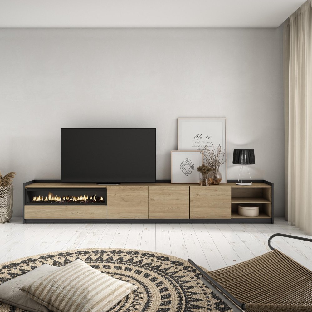 MUEBLE TV CHIMENEA LED TROMS 310X50X37 CM TV 80" ROBLE NEGRO