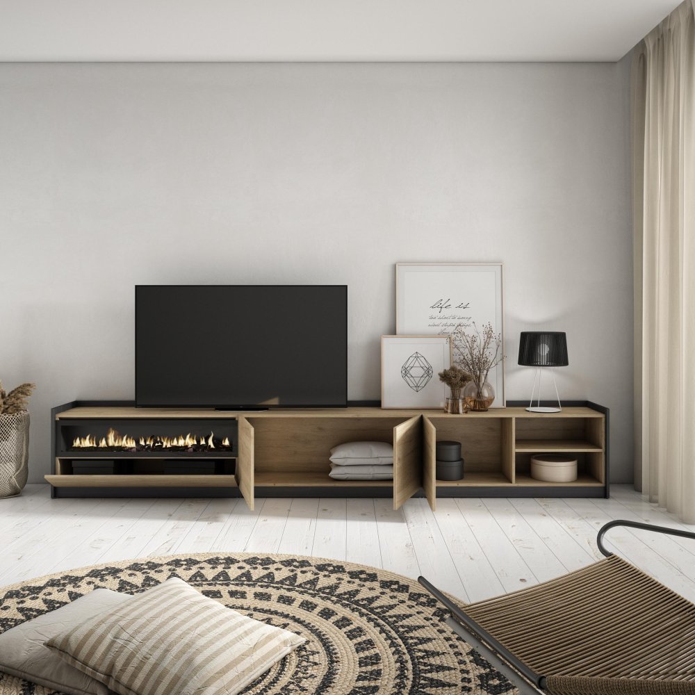 MUEBLE TV CHIMENEA LED TROMS 310X50X37 CM TV 80" ROBLE NEGRO