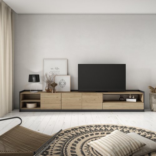 MUEBLE TV ALMACENAMIENTO HOLME 310X50X37 CM TV 80" PUERTAS ABATIBLES ROBLE NEGRO