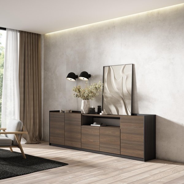 APARADOR SALÓN ELVA 260X80X37 CM 5 PUERTAS SOFT ROBLE OSCURO NEGRO 2