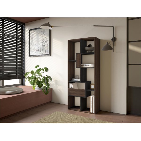 Librería estantería pared 162x67x31 cm con almacenaje roble oscuro y negro, diseño industrial bicolor para salón 2
