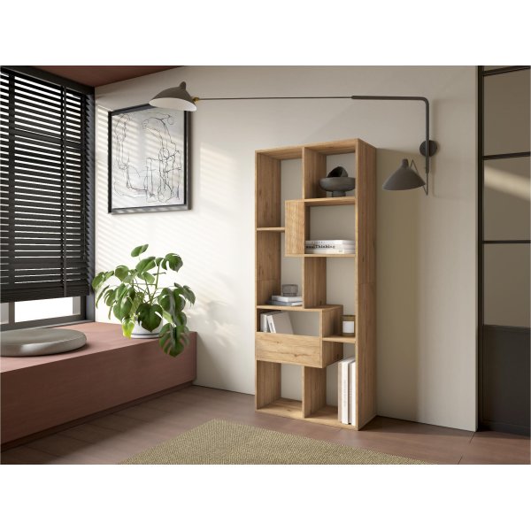 Librería estantería pared 162x67x31 cm con almacenaje roble natural, estilo nórdico cálido para salón y estudio 2