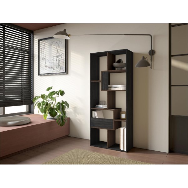 Librería estantería pared 162x67x31 cm con almacenaje negro y roble oscuro, estilo industrial bicolor para salón moderno 2