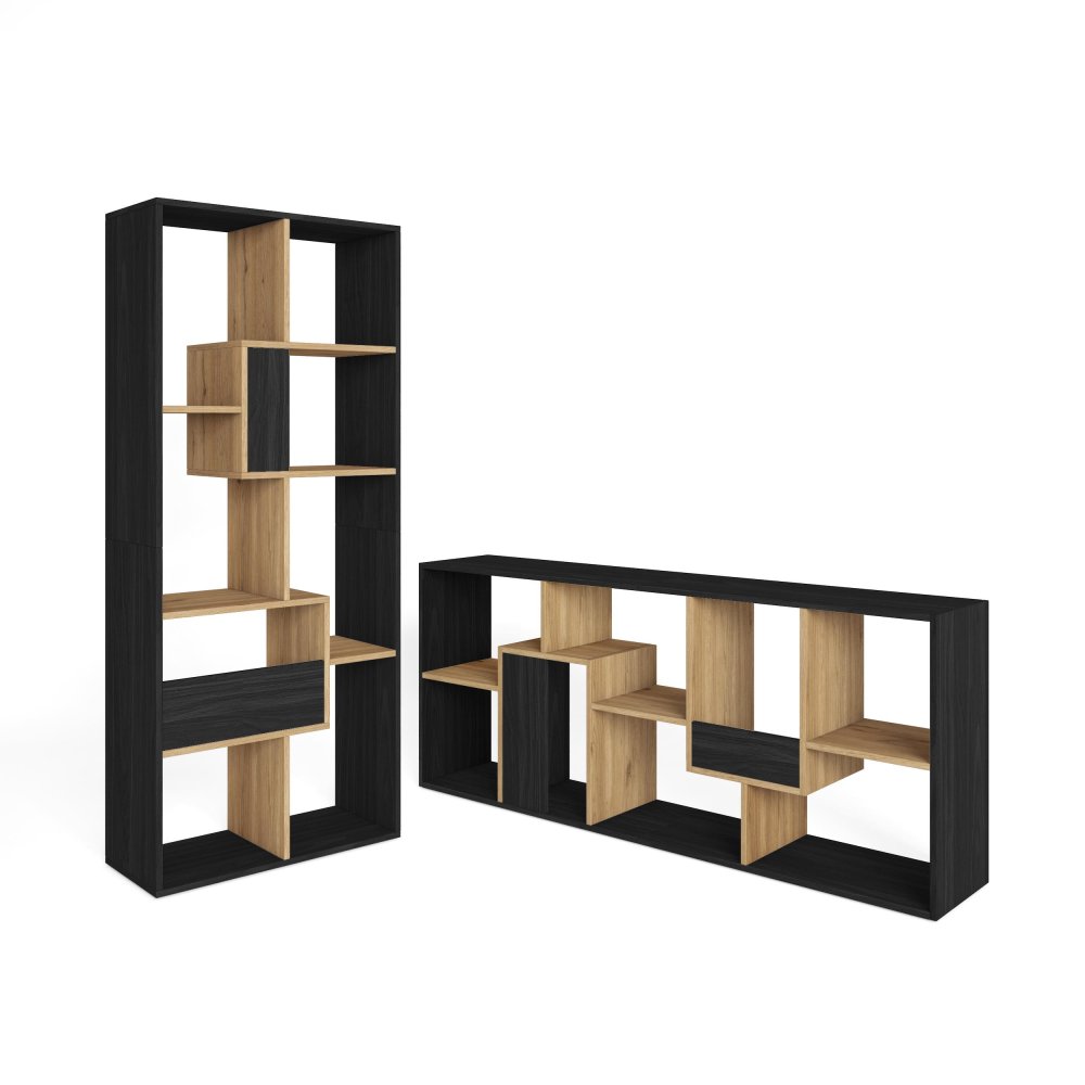 Librería estantería pared 162x67x31 cm con almacenaje negro y roble natural, estilo industrial bicolor para salón moderno