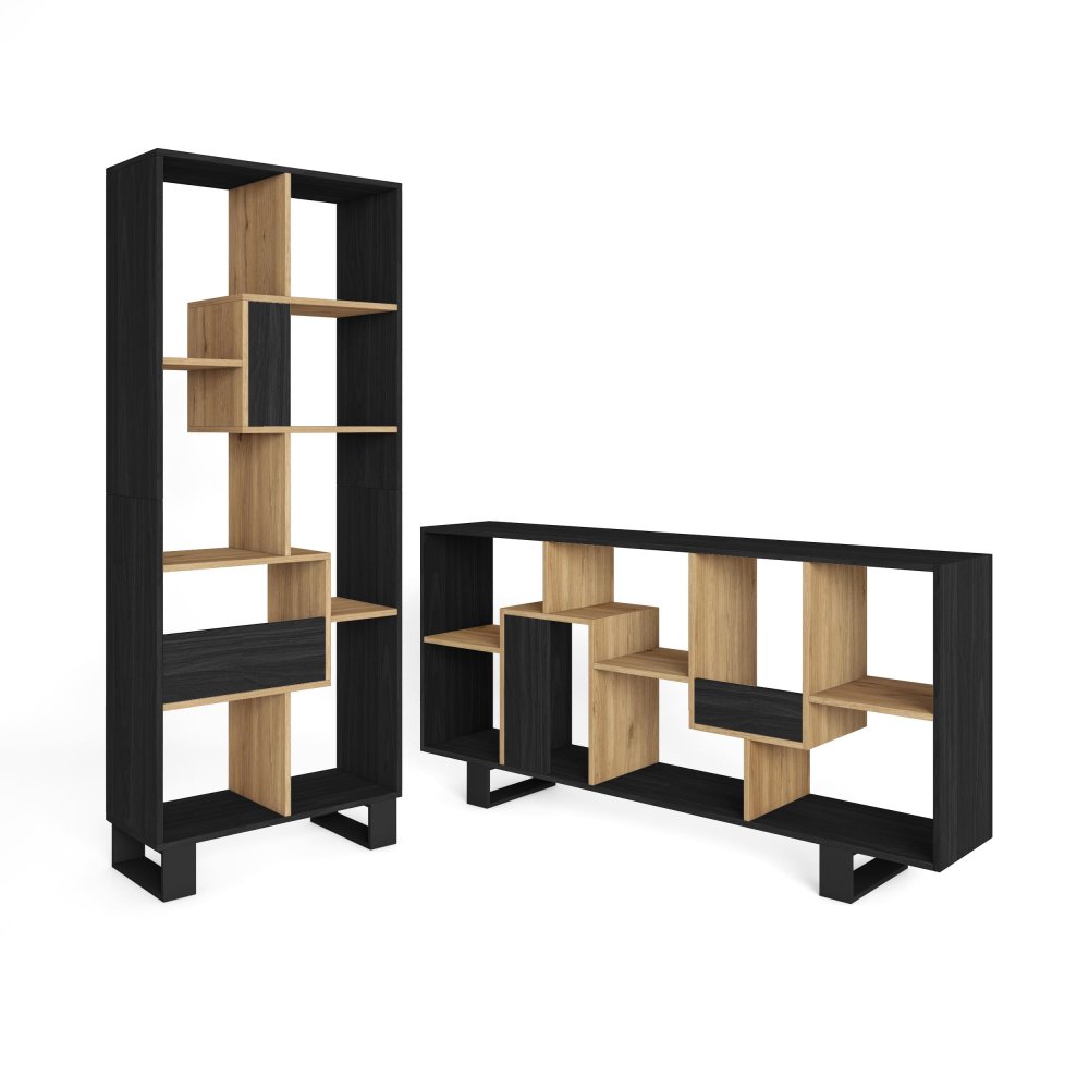 Librería estantería pared 174x67x31 cm diseño industrial negro y roble natural, estantería bicolor para salón y estudio