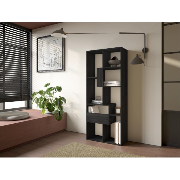 Librería estantería pared 162x67x31 cm con almacenaje color negro, diseño industrial minimalista para salón y despacho 2