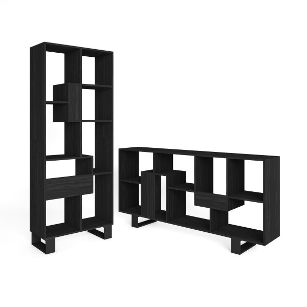 Librería estantería pared 174x67x31 cm diseño industrial color negro, estantería oscura minimalista para salón y despacho