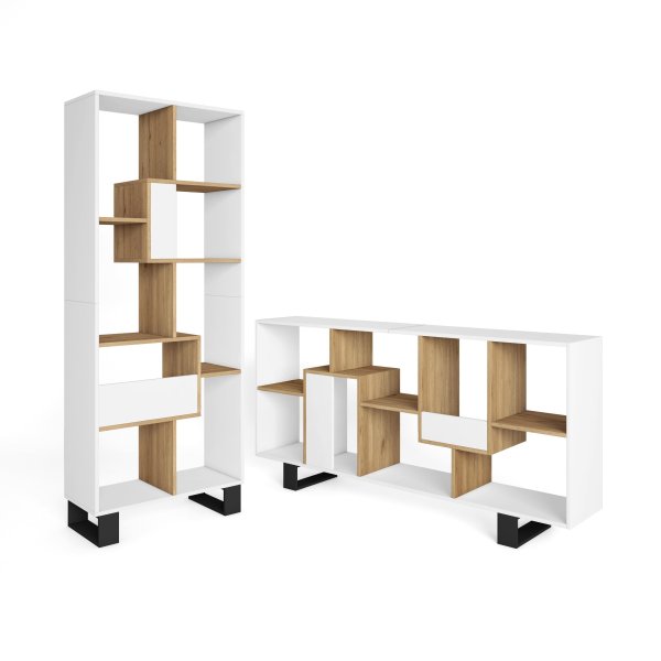 Librería estantería pared 174x67x31 cm diseño industrial blanco y roble natural, estantería luminosa para salón moderno