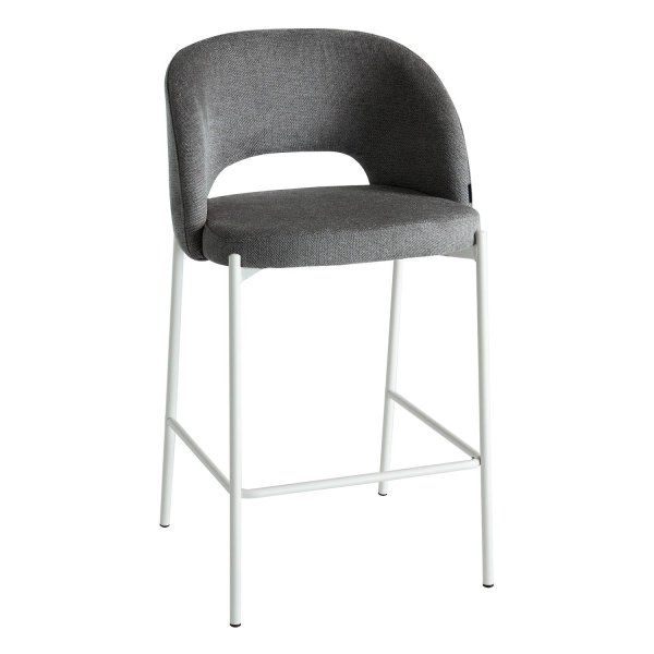 Taburete alto tapizado gris con estructura metálica color marfil