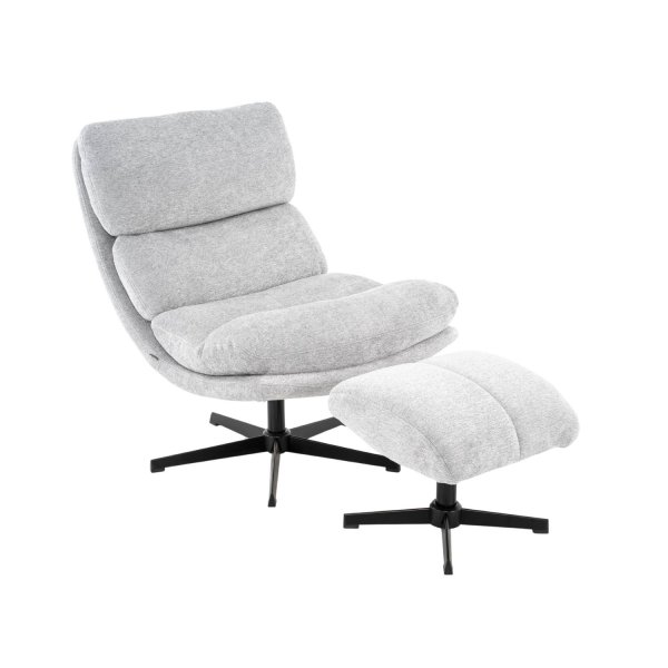 Sillón gris con reposapiés y base metálica negra