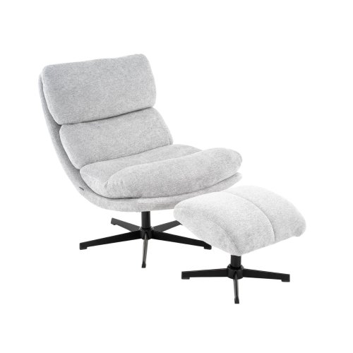 Sillón gris con reposapiés y base metálica negra