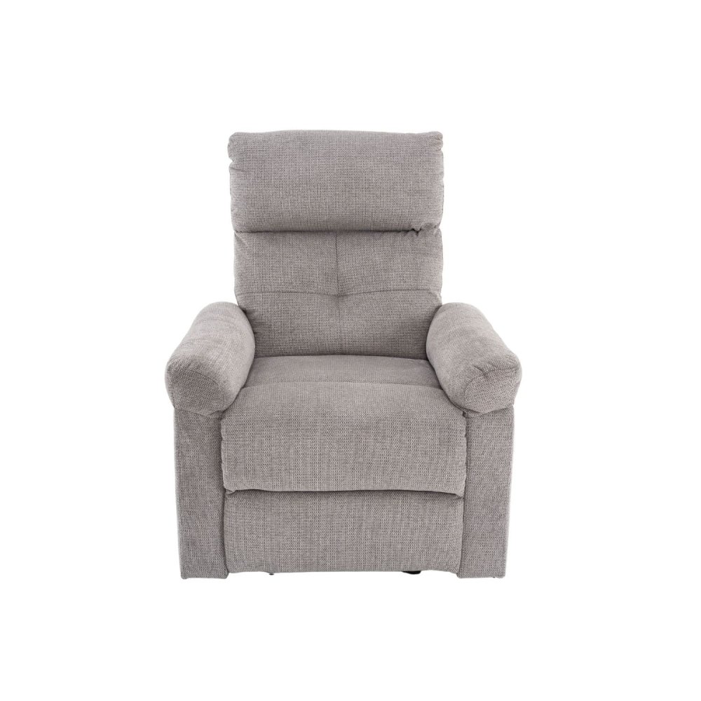 Vista frontal del sillón tapizado gris