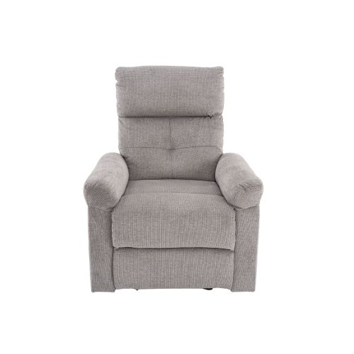 Vista frontal del sillón tapizado gris