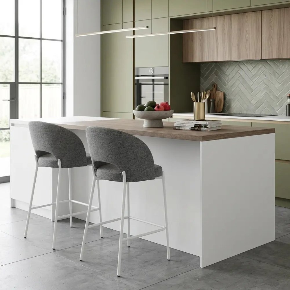 Taburete alto tapizado gris con estructura metálica color marfil