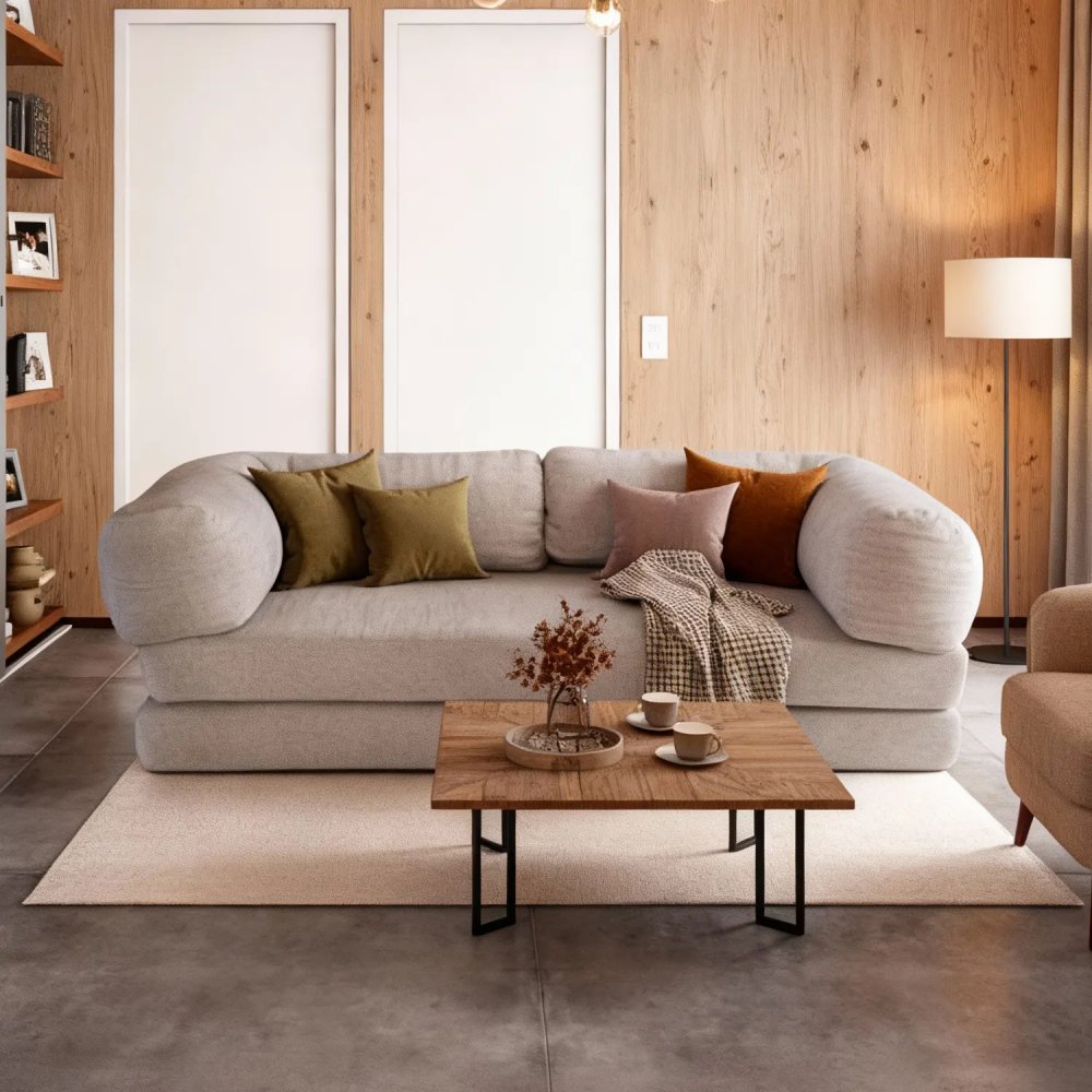 Canapé Belair sable naturel, tapisserie douce très confortable et style actuel