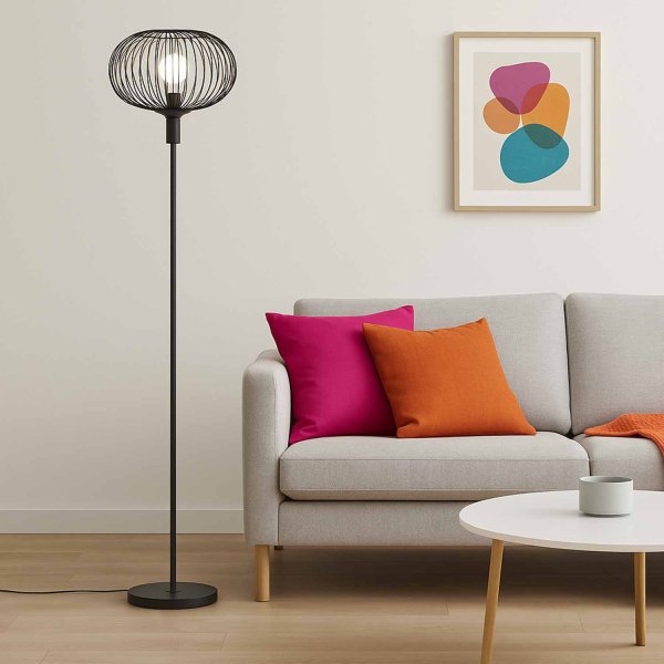 Lampadaire Eridan 1 lumière noir, structure moderne avec éclairage ponctuel
