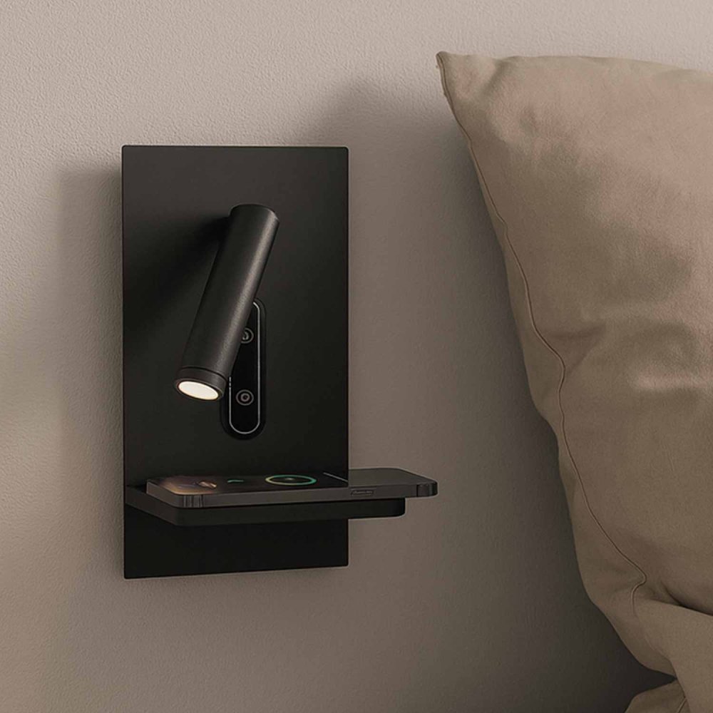 Applique LED tactile Eron noire 22 cm avec chargement sans fil pour appareils