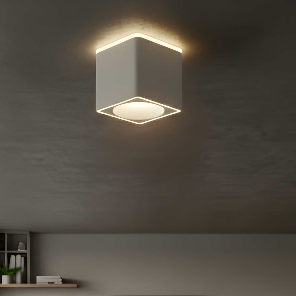 Spot LED de surface carré 9x9 cm blanc Rouk, installation au plafond ou mur