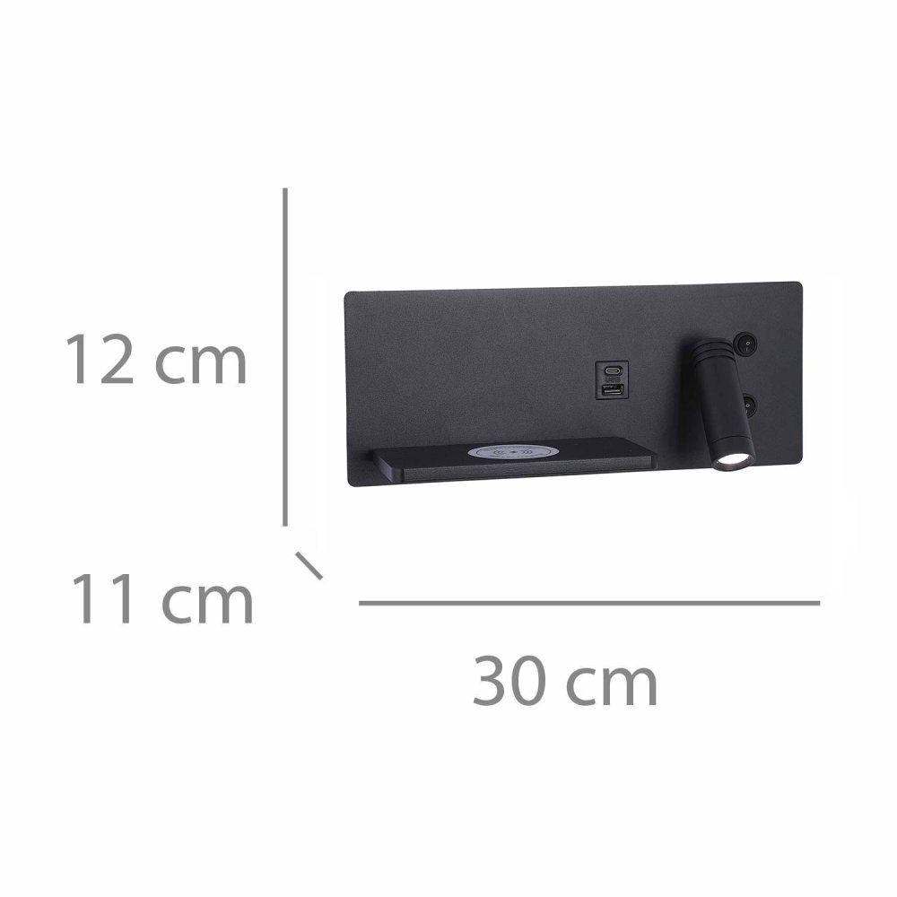 Applique LED Negro con Carga Inalámbrica y Usb 30Cm Somni - Applique LED - UKUKHOME.com
